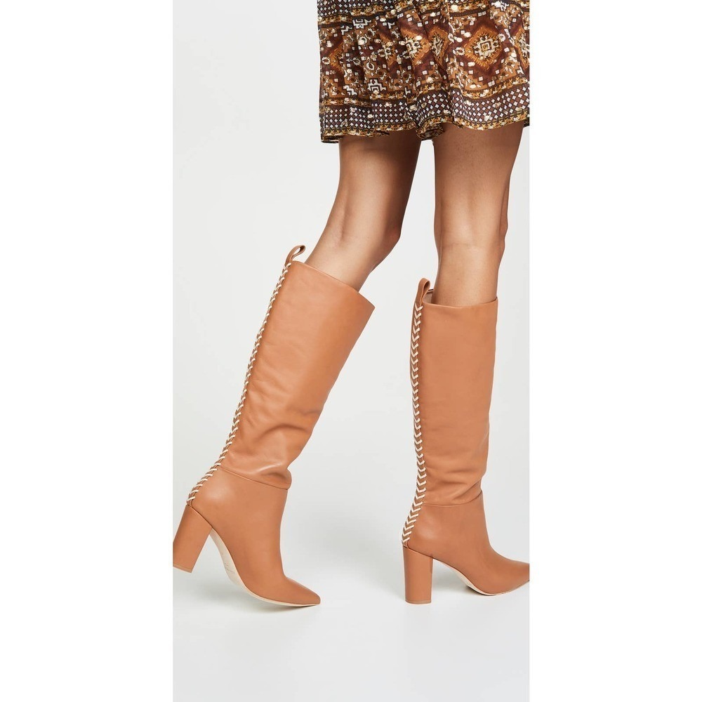 ULLA JOHNSON Marion Whipstitch Brown Pointed Toe Leather Heeled Tall Boots‎